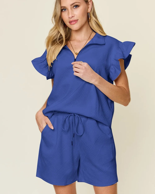 Double Take Full Size Texture Flounce Sleeve Top and Drawstring Shorts Set Royal Blue
