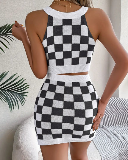 Checkered Grecian Neck Cami and Skirt Sweater Set