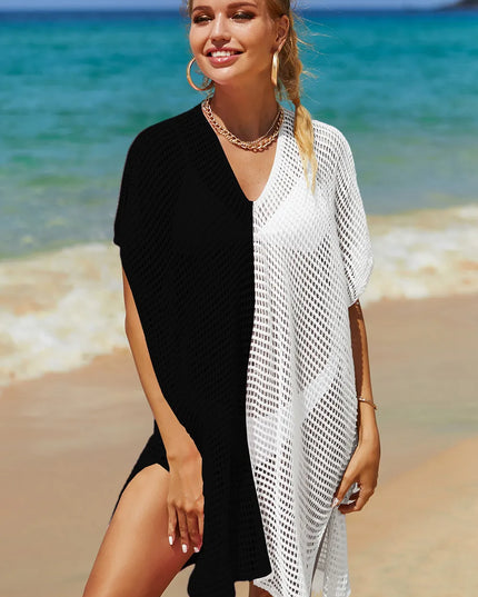 Angel Wings Openwork Contrast Slit Knit Cover Up White One Size