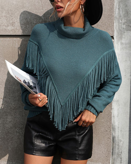 Turtle Neck Tassel Front Long Sleeve Pullover Sweater