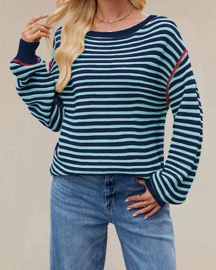 Slit Striped Oversized Sweater Navy Blue