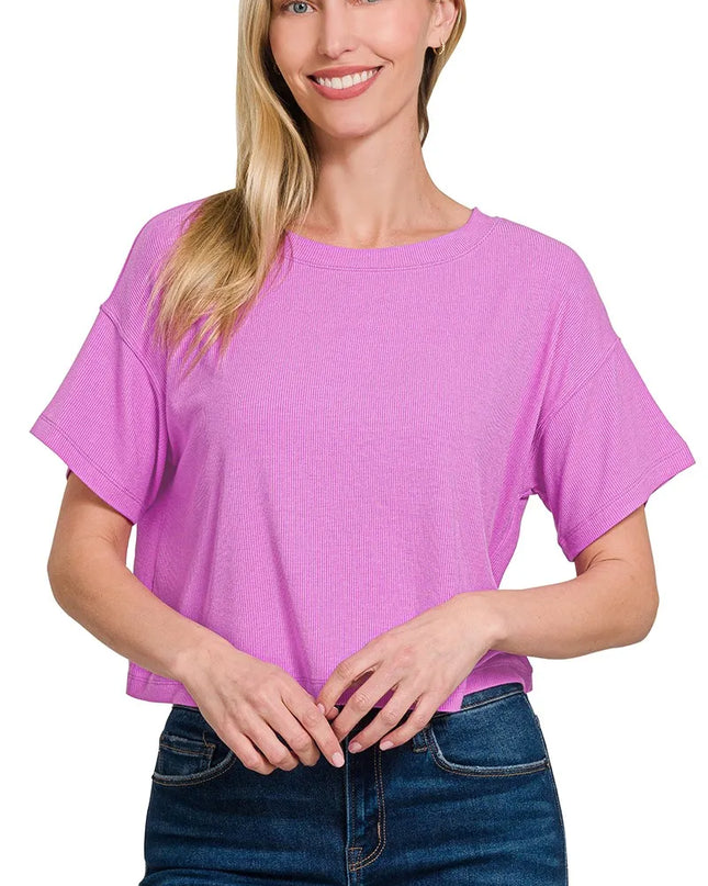 Zenana Ribbed Round-Neck Crop T-Shirt BRIGHT MAUVE
