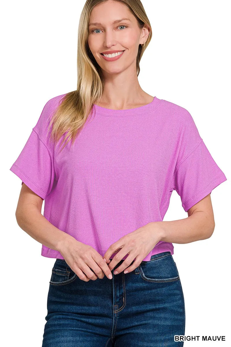 Zenana Ribbed Round-Neck Crop T-Shirt BRIGHT MAUVE