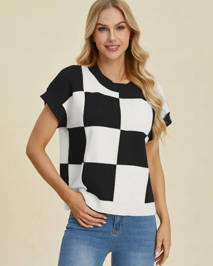Double Take Full Size Checkered Round Neck Short Sleeve Sweater