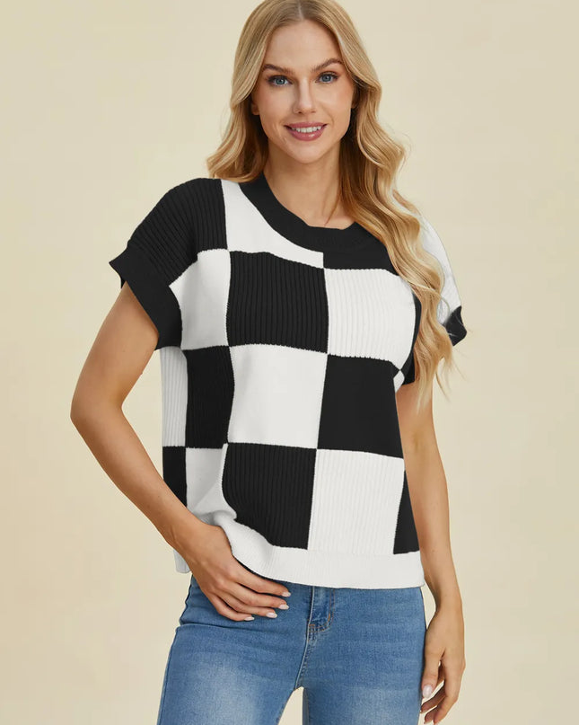 Double Take Full Size Checkered Round Neck Short Sleeve Sweater
