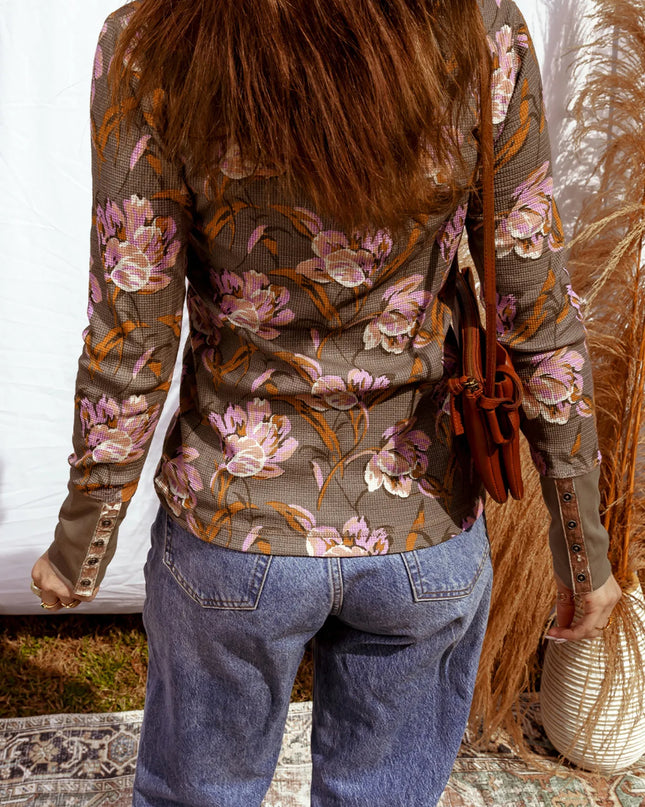 Floral Print Waffle Textured Long Sleeve Top