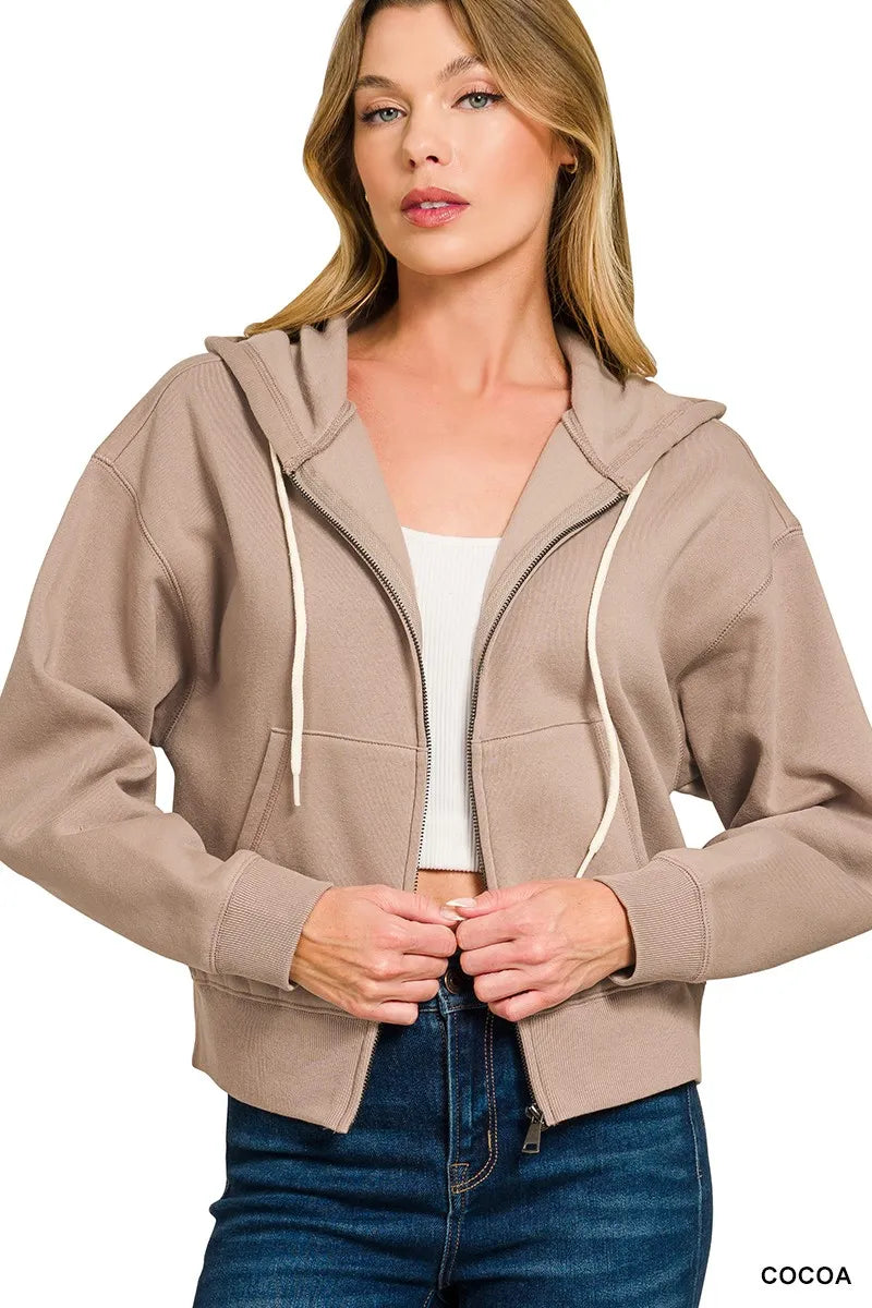 Zenana Fleece Cropped Zip-up Hoodie with Pockets
