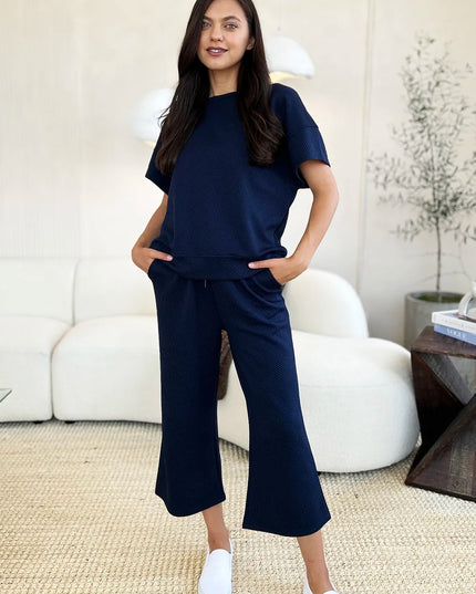 Double Take Full Size Texture Short Sleeve Top and Pants Set