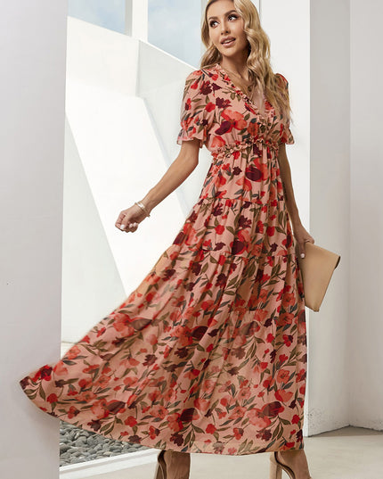 Floral V-Neck Short Flounce Sleeve Dress 