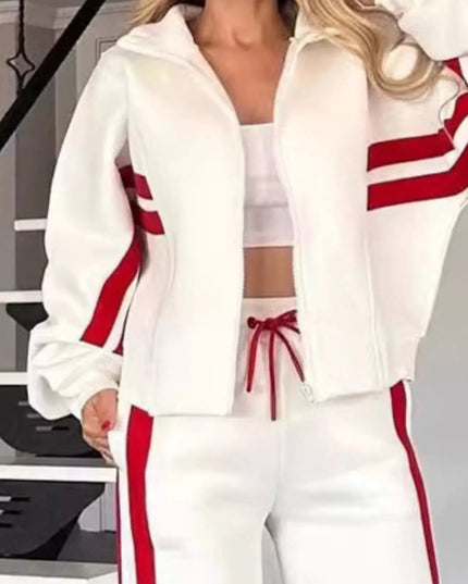 Full Size Contrast Stripe Zip Up Jacket and Pants Set Plus Size