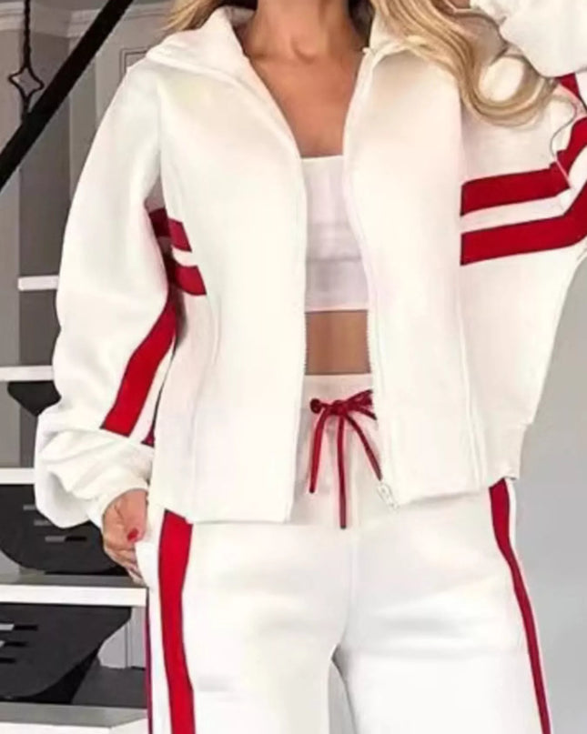 Full Size Contrast Stripe Zip Up Jacket and Pants Set Plus Size