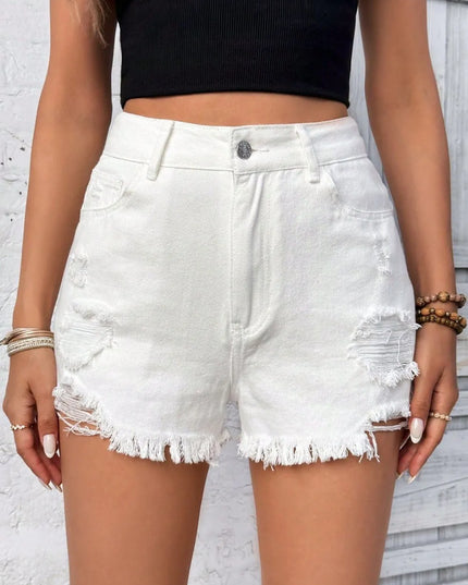 Distressed Raw Hem High Rise Denim Shorts