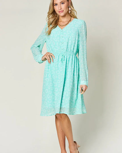 Double Take Full Size Printed Ruched V-Neck Long Sleeve Dress