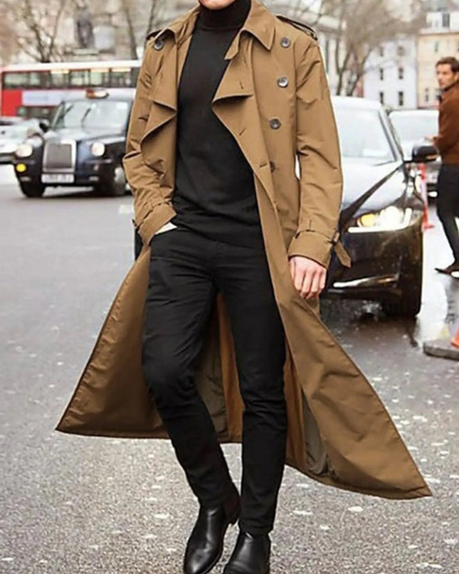 Men's Long Sleeve Longline Trench Coat Khaki