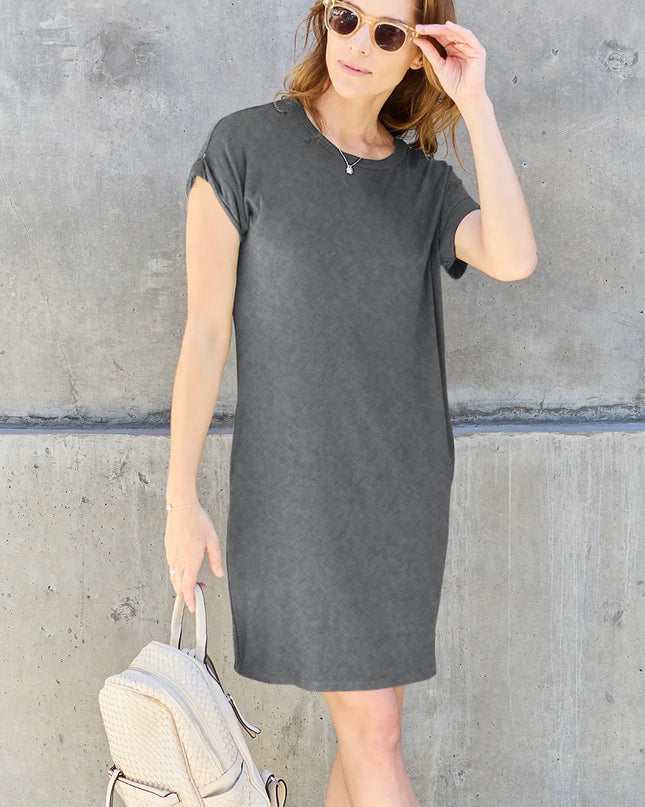 Basic Bae Full Size Round Neck Short Sleeve Dress with Pockets Gray