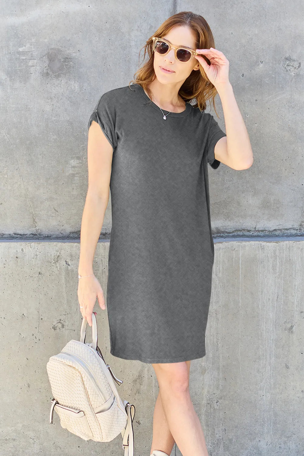 Basic Bae Full Size Round Neck Short Sleeve Dress with Pockets Gray