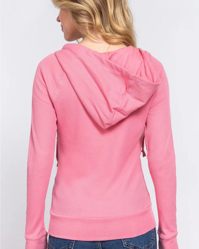 ACTIVE BASIC Waffle Knit Drawstring Zip Up Long Sleeve Hoodie