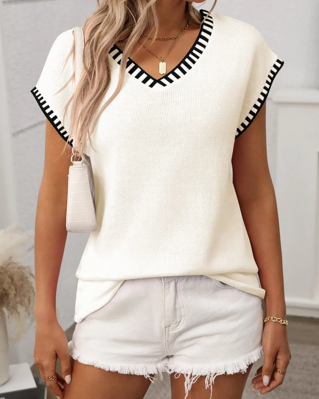 Contrast Trim V-Neck Short Sleeve Knit Top Cream
