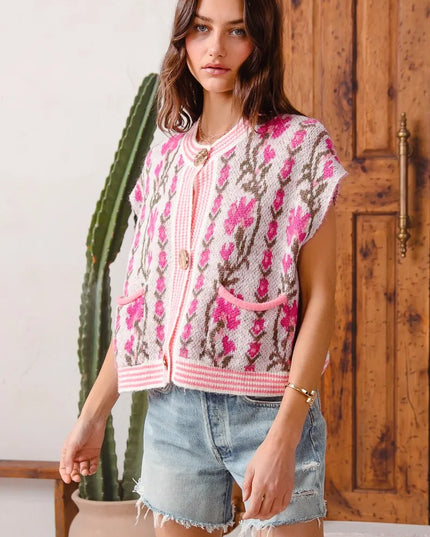 SO ME Button Front Floral and Stripe Knitted Sweater Vest