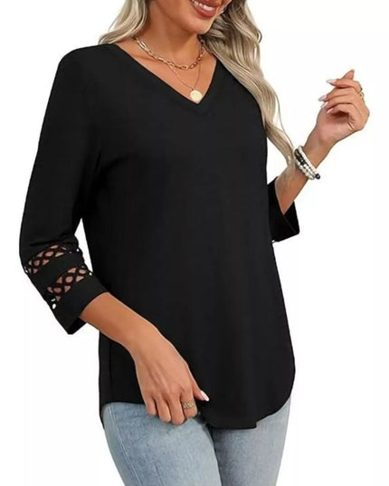 Full Size V-Neck 3/4 Sleeve T-Shirt Plus Size Black