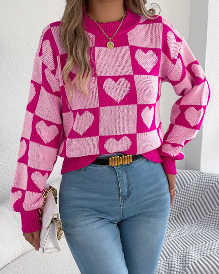 Heart Checkerboard Pattern Round Neck Sweater