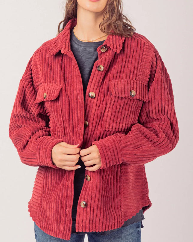 Button Up Long Sleeve Corduroy Jacket Deep Red