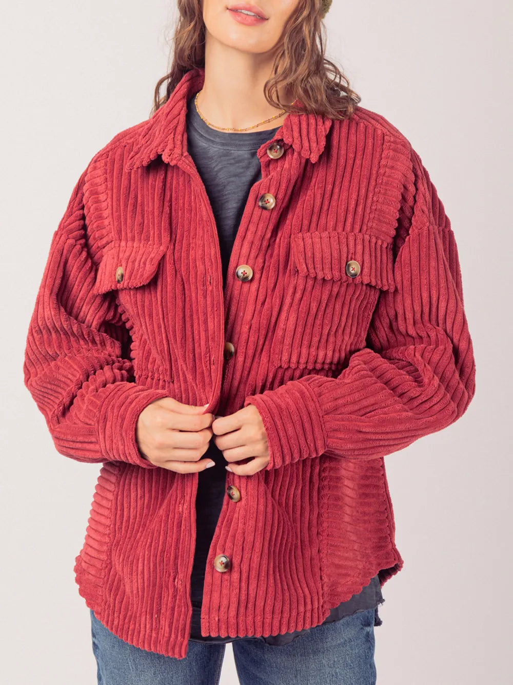 Button Up Long Sleeve Corduroy Jacket Deep Red