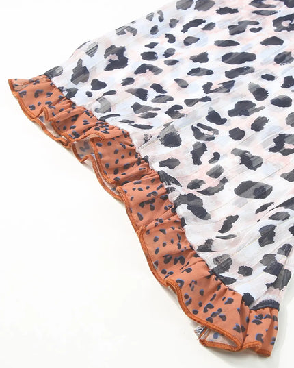 Plus Size Leopard Ruffle Trim Long Sleeve Blouse