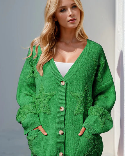 Double Take Full Size Button Up Star Pattern Cardigan Green