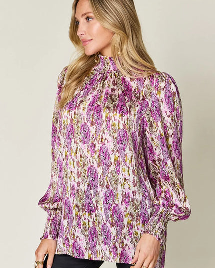 Double Take Full Size Printed Smocked Long Sleeve Blouse