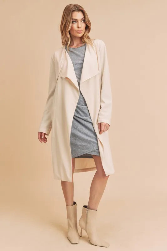 Aemi + Co Open Front Long Sleeve Longline Coat Ivory