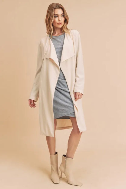 Aemi + Co Open Front Long Sleeve Longline Coat Ivory
