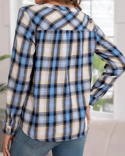 Plaid Half Button Long Sleeve Blouse