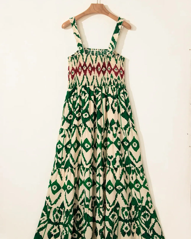 Western Aztec Shirred A-line Sleeveless Maxi Dress