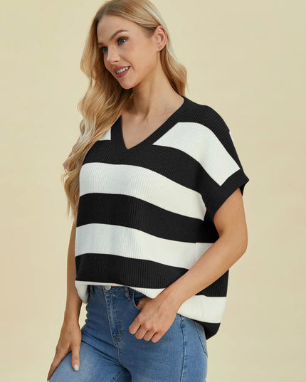 Double Take Full Size Striped V-Neck Short Sleeve Sweater