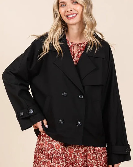Mittoshop Double Breasted Long Sleeve Trench Coat Jacket Black