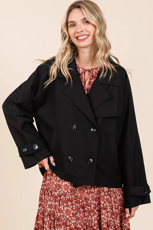 Mittoshop Double Breasted Long Sleeve Trench Coat Jacket Black