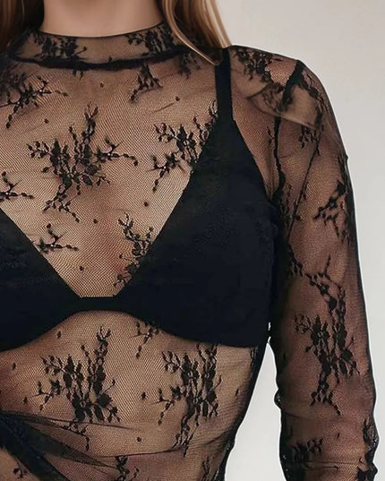 Floral Mock Neck Long Sleeve Mesh Top