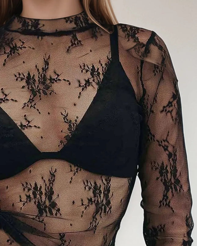 Floral Mock Neck Long Sleeve Mesh Top