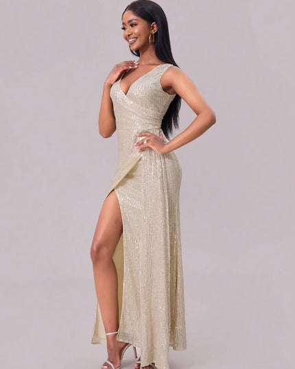 Slit Sequin Surplice Sleeveless Maxi Dress 