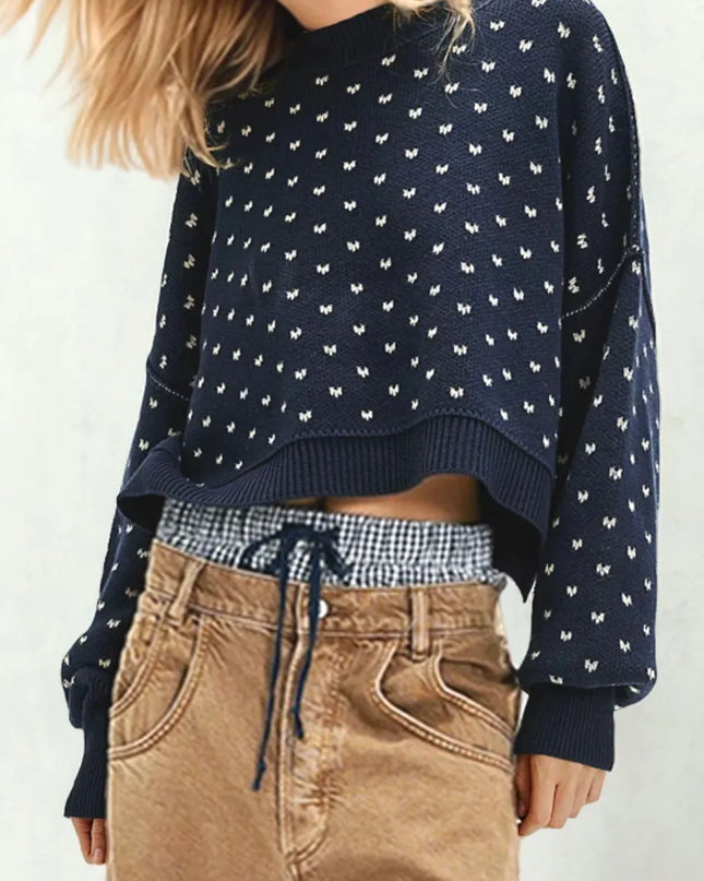 Slit Round Neck Long Sleeve Sweater Dark Blue