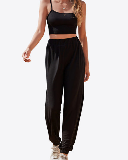 Cropped Cami and Side Split Joggers Set Black