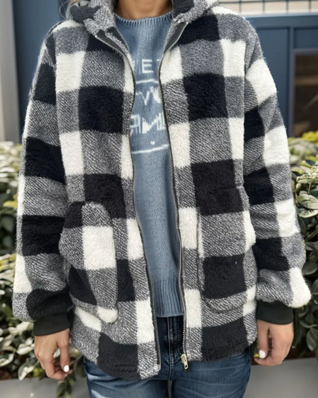 Double Take Full Size Plaid Long Sleeve Hooded Coat Black