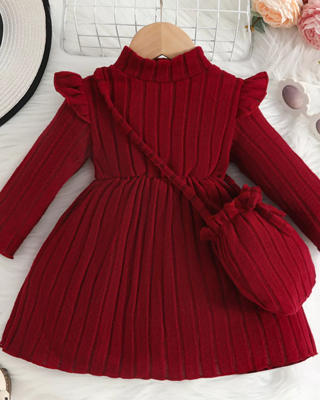 Children's Ribbed Knit Ruffle Trim Dress with Bag Burgundy