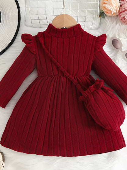 Children's Ribbed Knit Ruffle Trim Dress with Bag Burgundy