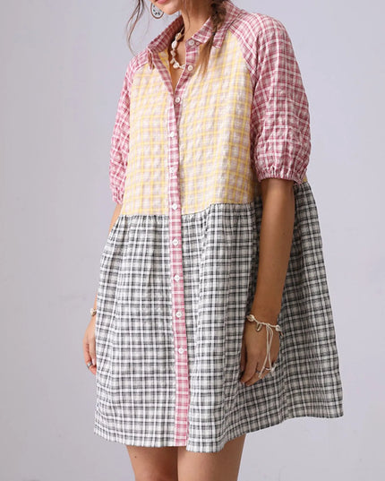 Colorful Mixed Gingham Shirt Dress
