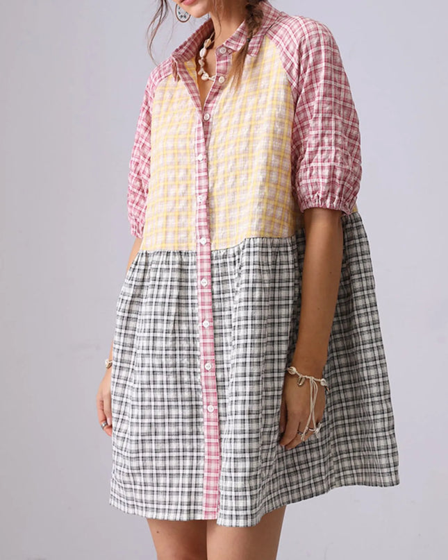 Colorful Mixed Gingham Shirt Dress