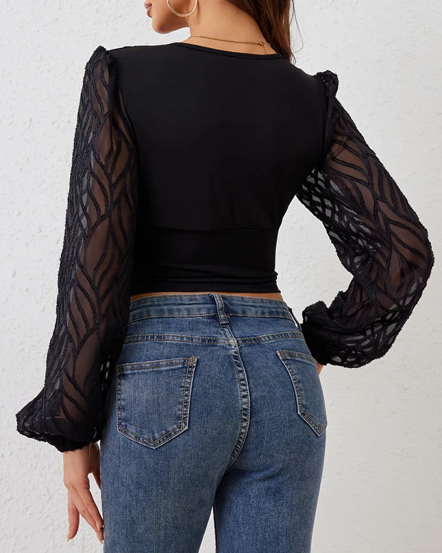 Lace Patchwork Plunge Long Sleeve Blouse