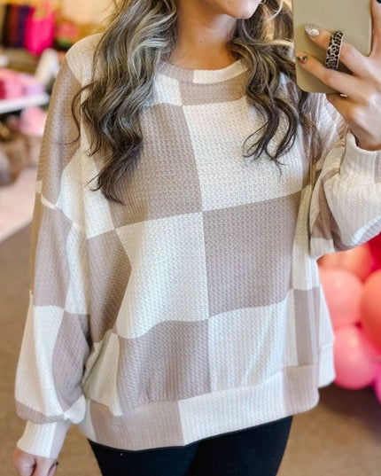Checkered Breathable Textured Long Sleeve Top Mocha