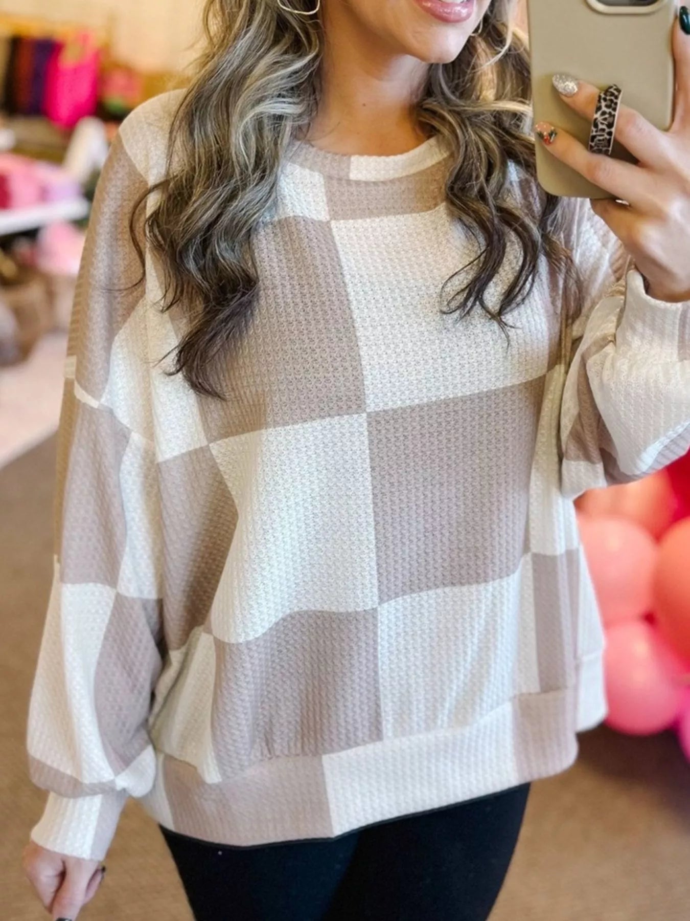 Checkered Breathable Textured Long Sleeve Top Mocha